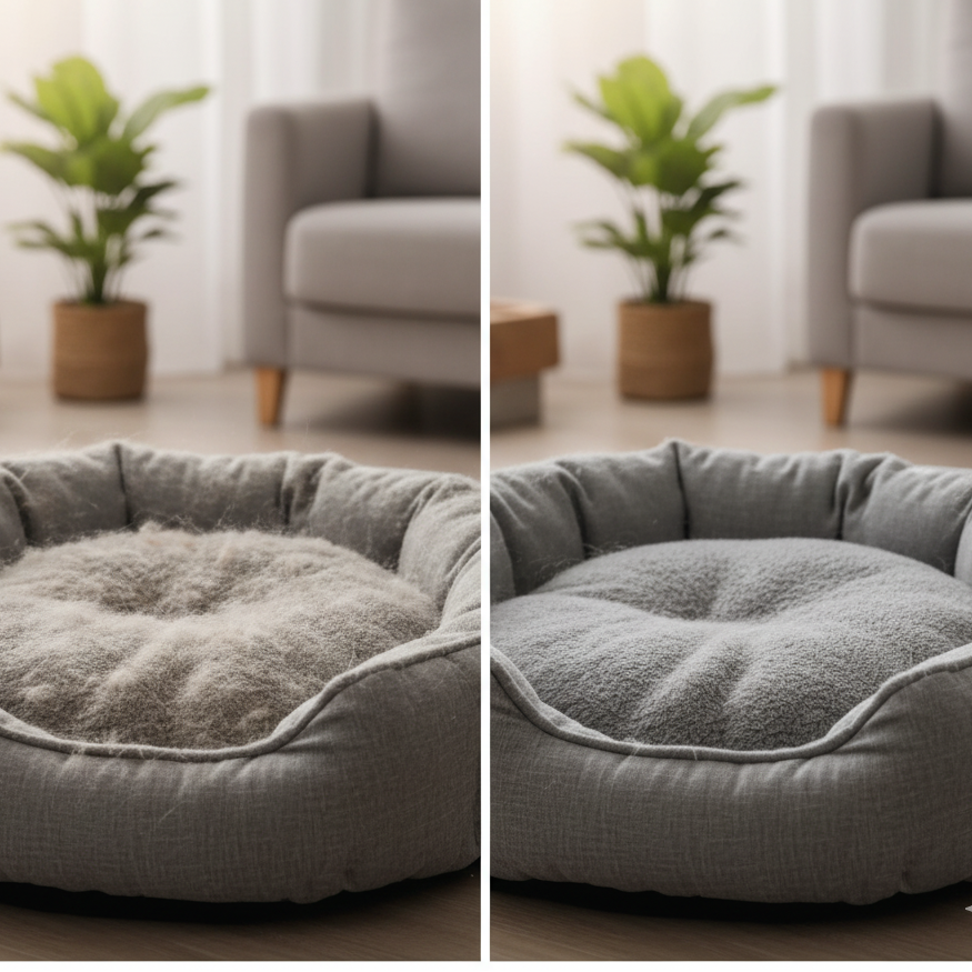Before and after comparison of a gray pet bed in a room with a plant and chair.