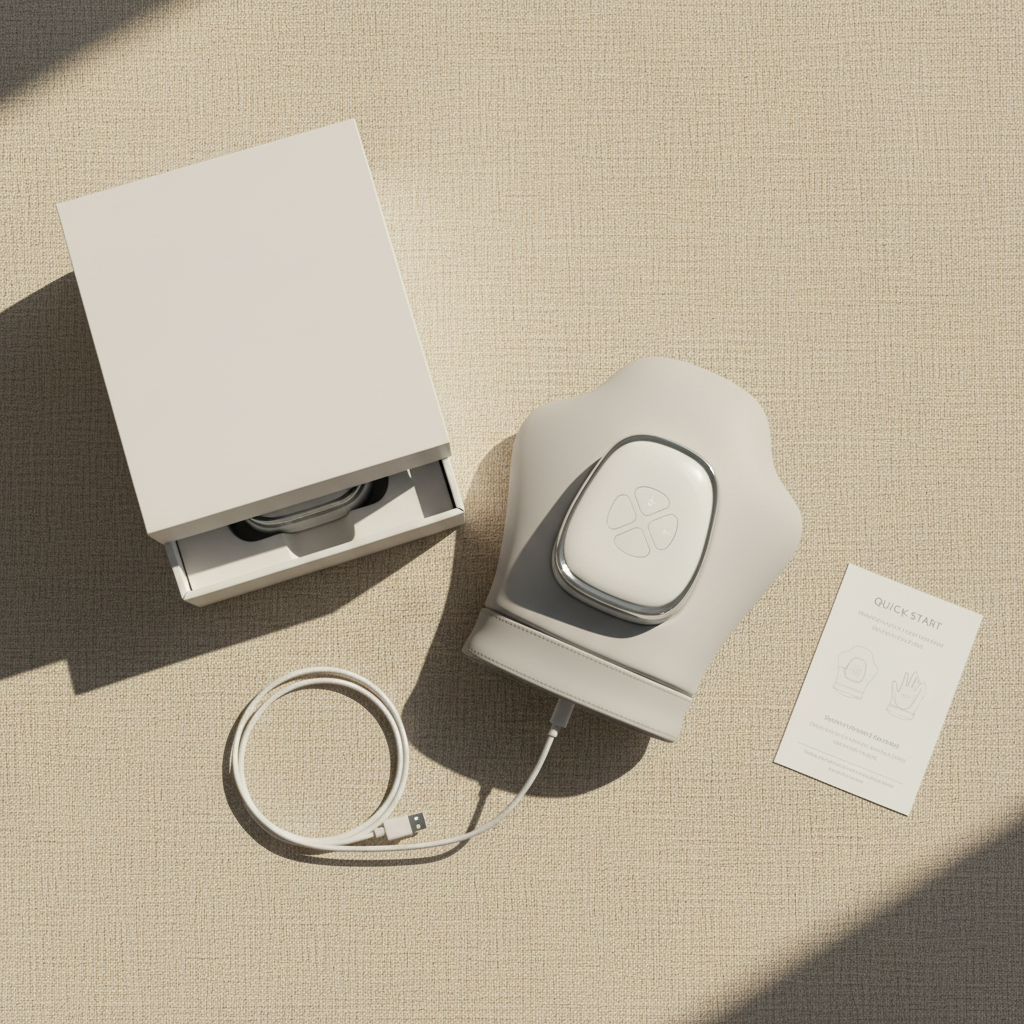 TheraHand box contents flatlay with device, USB-C cable, and guide