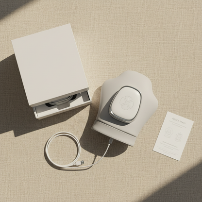 TheraHand box contents flatlay with device, USB-C cable, and guide