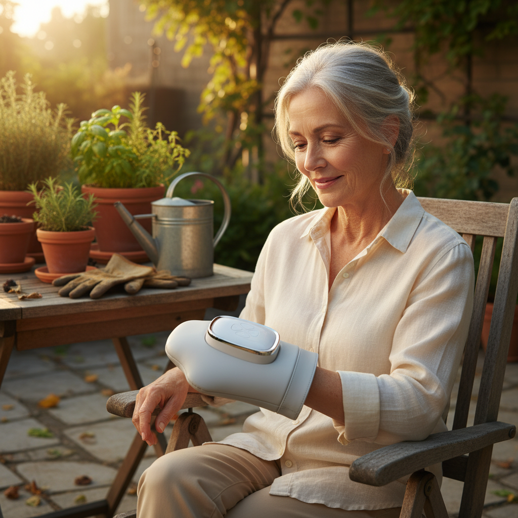 Woman gardener relaxing with TheraHand hand massager in garden