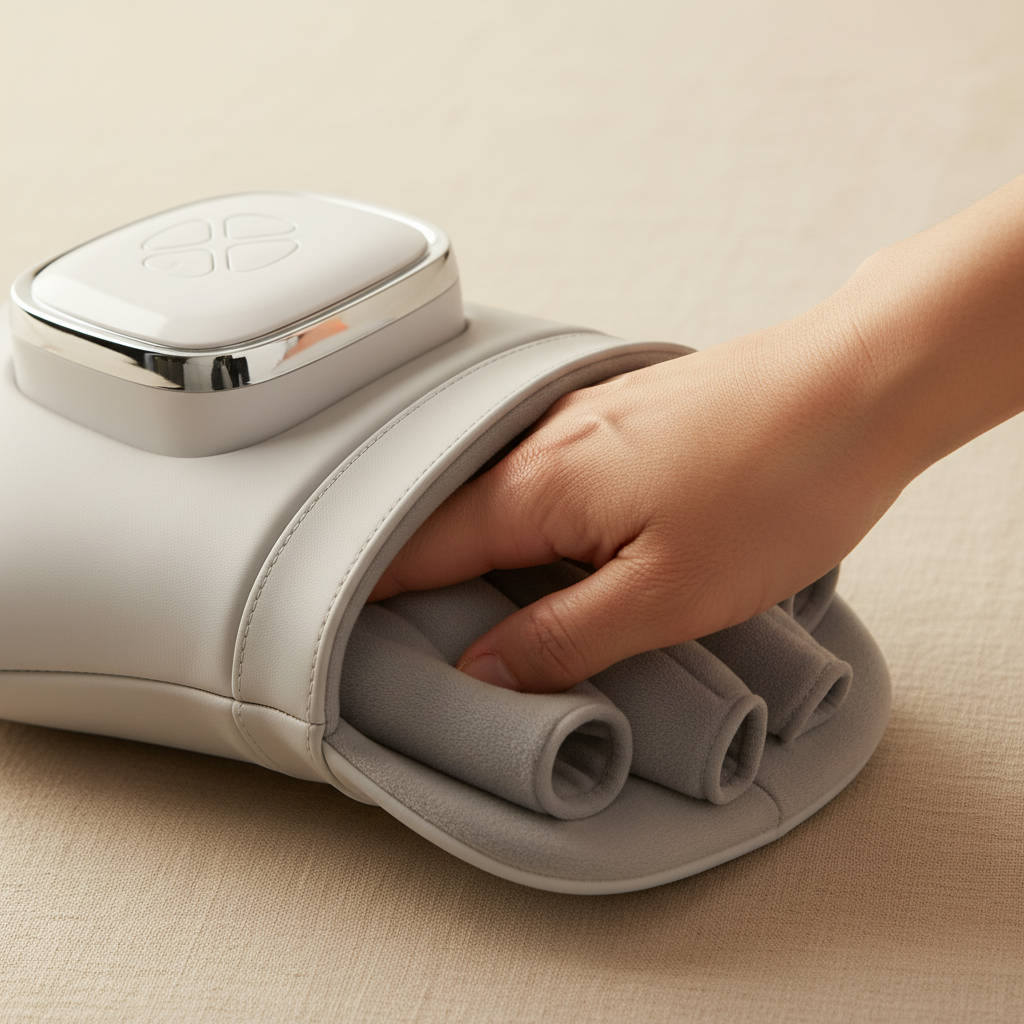Hand sliding into TheraHand soft interior finger chambers