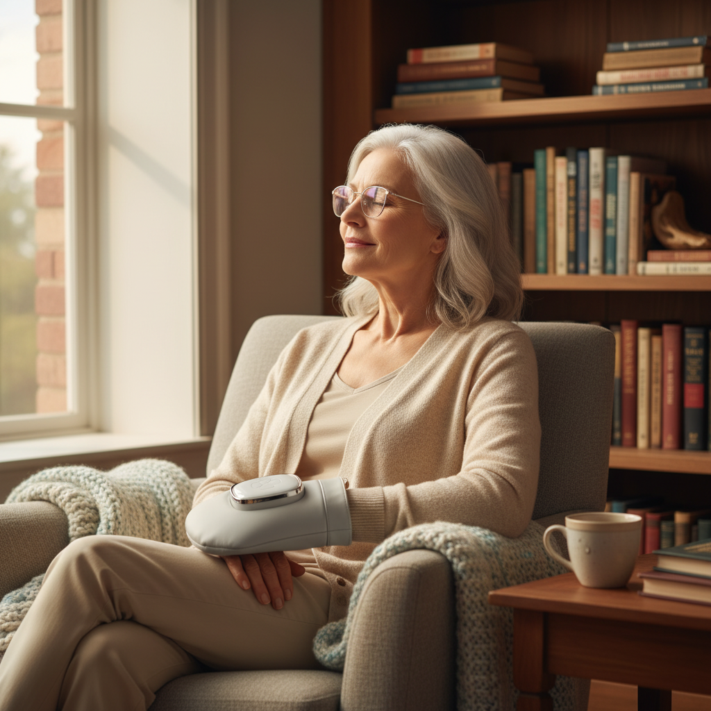 Senior woman enjoying TheraHand hand massager in cozy armchair
