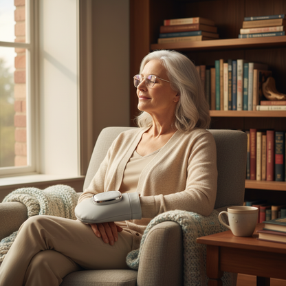 Senior woman enjoying TheraHand hand massager in cozy armchair